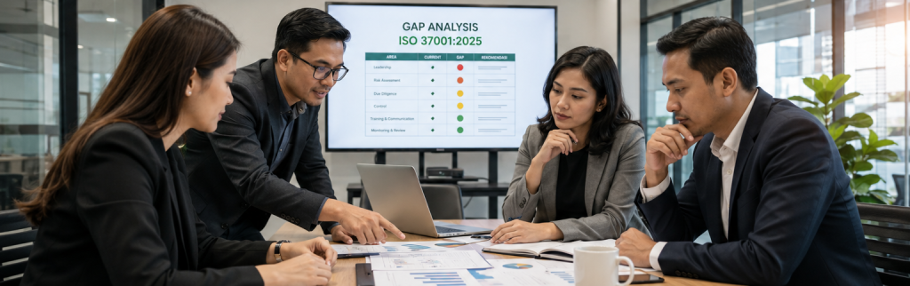 Diskusi persiapan transisi dan implementasi ISO 37001:2025 oleh tim profesional.